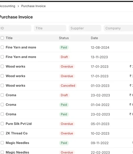 ERPNext purchase invoice list with paid, draft and overdue status