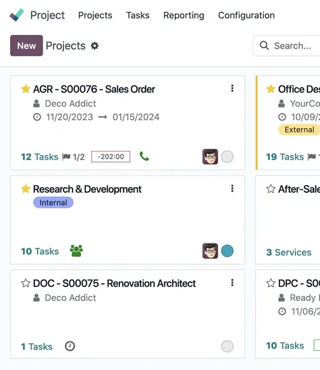 Odoo Project kanban used to plan an ERP rollout