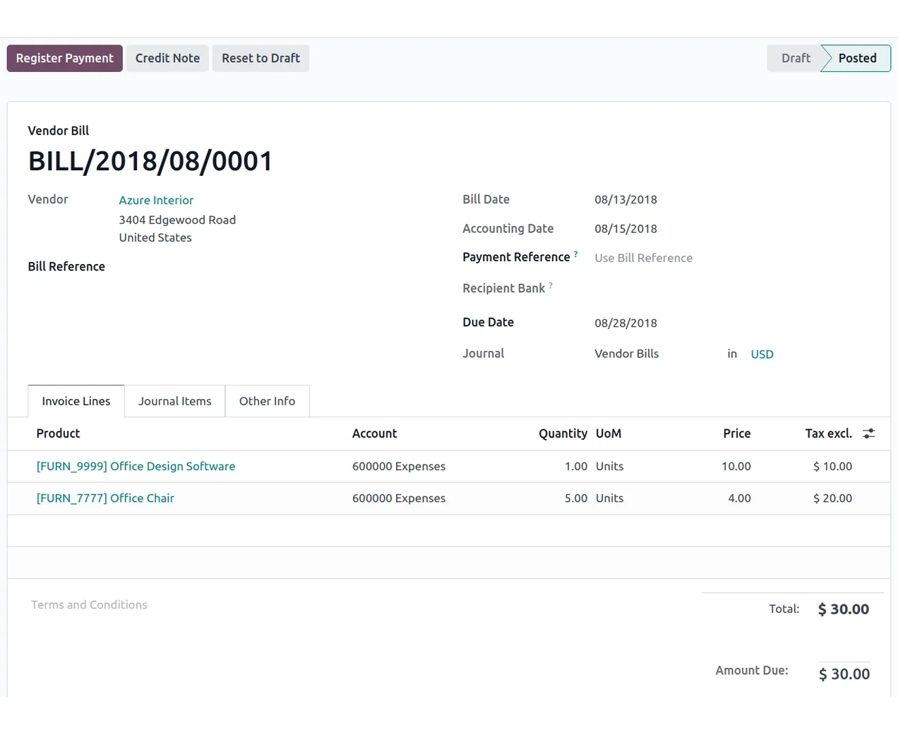ERP invoicing view: Odoo vendor bill with invoice lines
