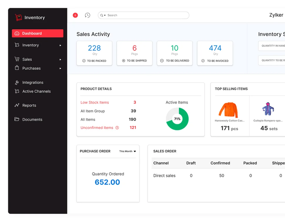 Inventory management dashboard: Zoho Inventory sales activity and stock