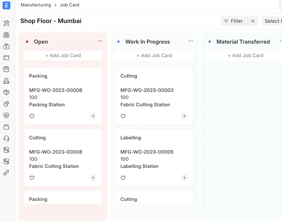 Manufacturing ERP module: ERPNext shop floor job cards in kanban view