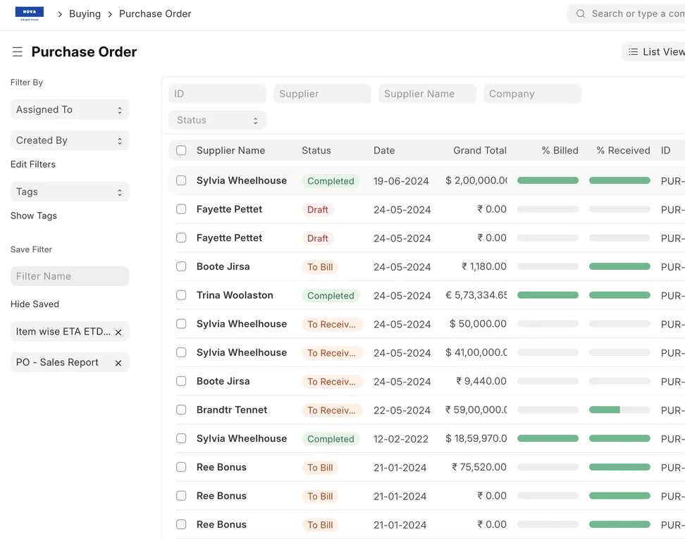 Procurement module: ERPNext purchase orders with billing and receipt progress