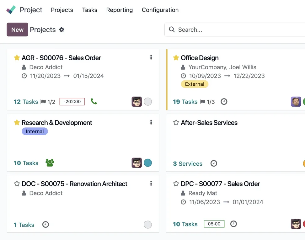 Project management module: Odoo Project kanban with tasks and timesheets
